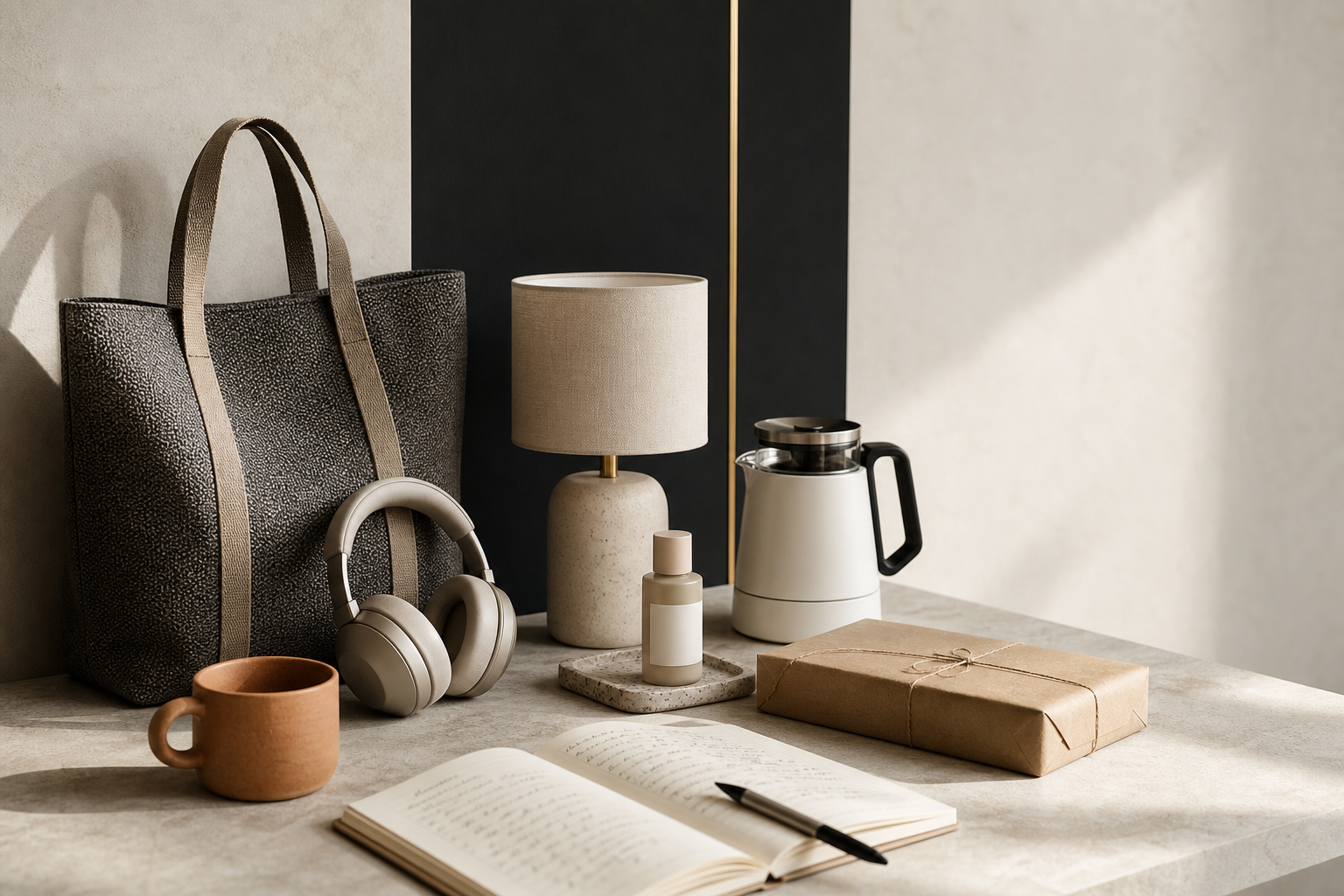 Editorial selection of ecommerce tools in a warm neutral studio